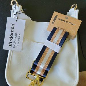 Ahdorned White Mini Vegan Leather Messenger Bag with Navy and Rose Gold Strap